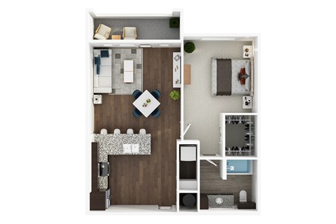 A top-down view of a small apartment with a kitchen, living room, and bedroom.